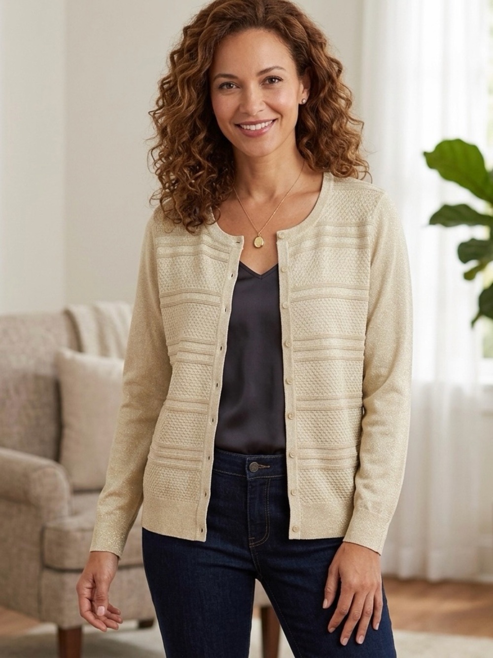 Charter Club Beige Knit Cardigan XXL with Gold Shimmer - NWT